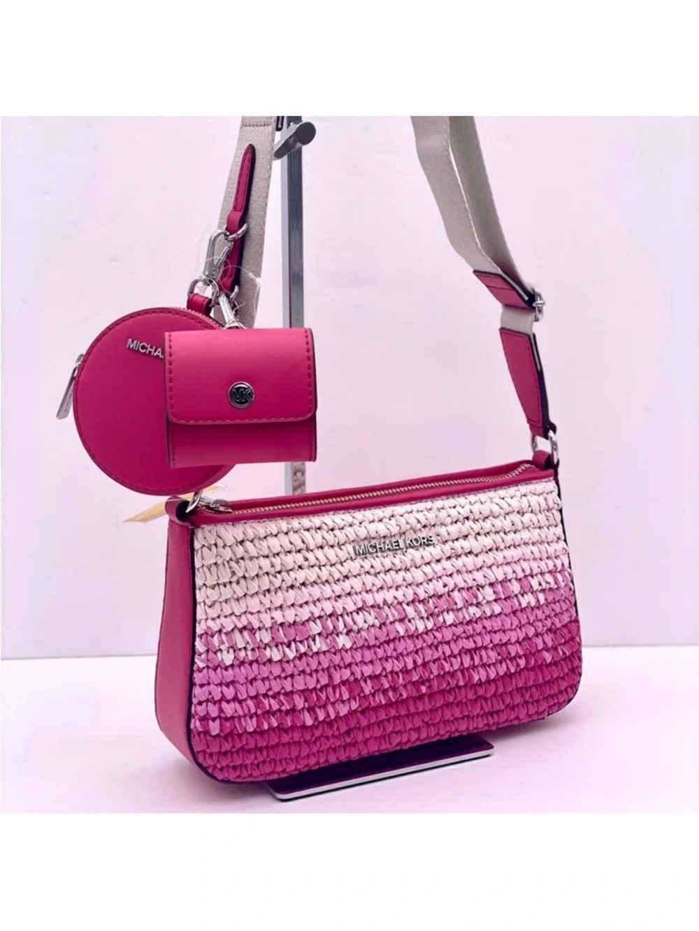 Michael Kors Pink and White Ombre Woven Crossbody with Removable Pouches